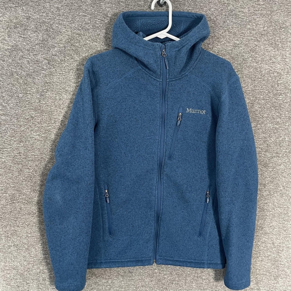 Marmot Jacket Mens Small Blue Fleece Hooded Full Zip Pockets Hiking Outdoor
